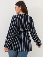 Plus Striped Print Flounce Sleeve Peplum Blouse