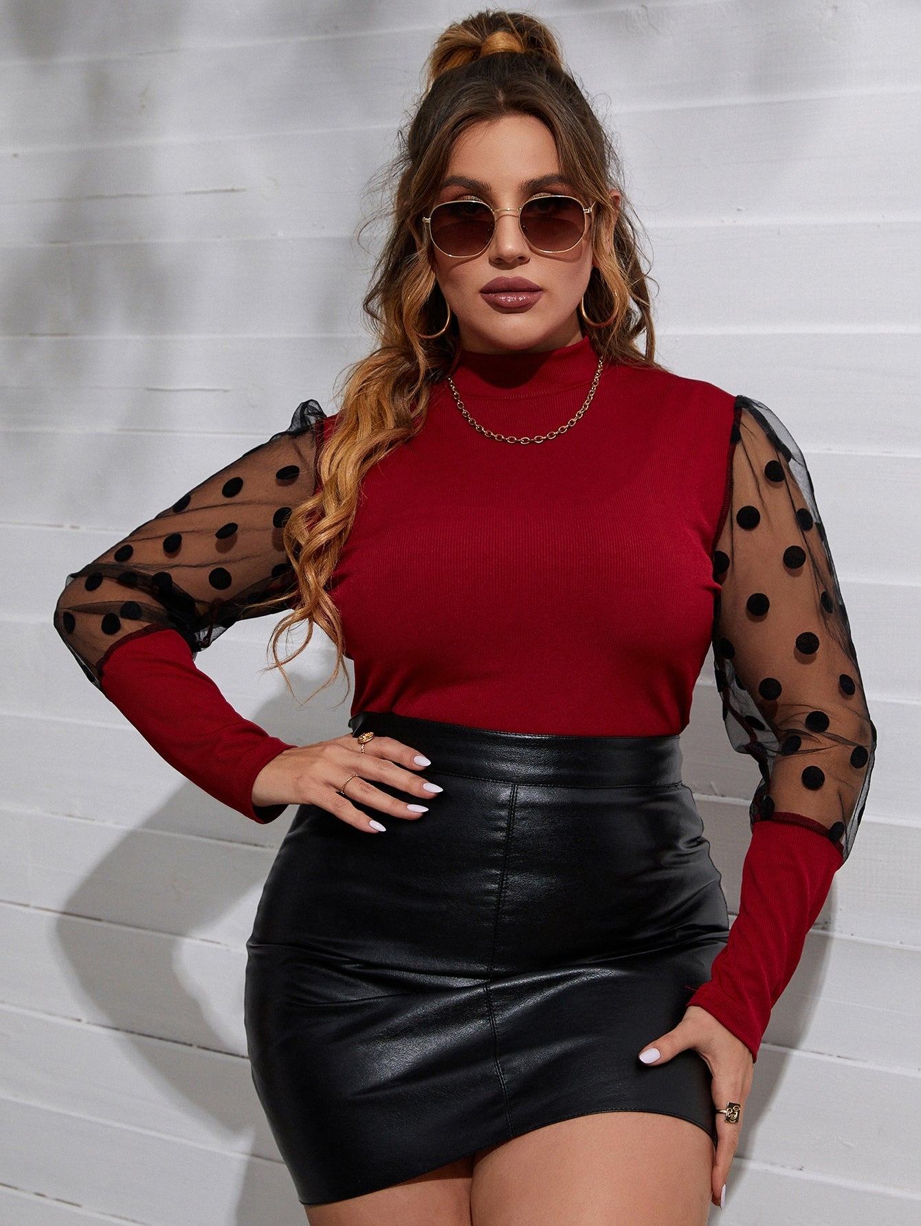 Plus Dobby Mesh Insert Mock Neck Tee