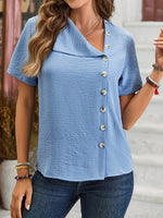 Loose Short Sleeve Shawl Collar Plain Casual Regular Blouse