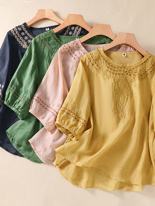 Casual Short Sleeve Shirt Collar Plain Embroidery Loose Regular Blouse