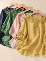 Casual Short Sleeve Shirt Collar Plain Embroidery Loose Regular Blouse