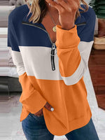 Casual Long Sleeve Crew Neck Color Block Zipper Loose Regular Sweater