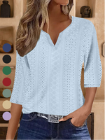 Loose Half Sleeve V Neck Plain Casual Regular Blouse