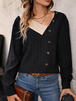 Casual Long Sleeve Shawl Collar Color Block Loose Regular Blouse