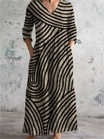 Vintage Long Sleeve V Neck Striped Maxi Dress