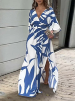 Casual Half Sleeve V Neck Geometric Maxi Dress