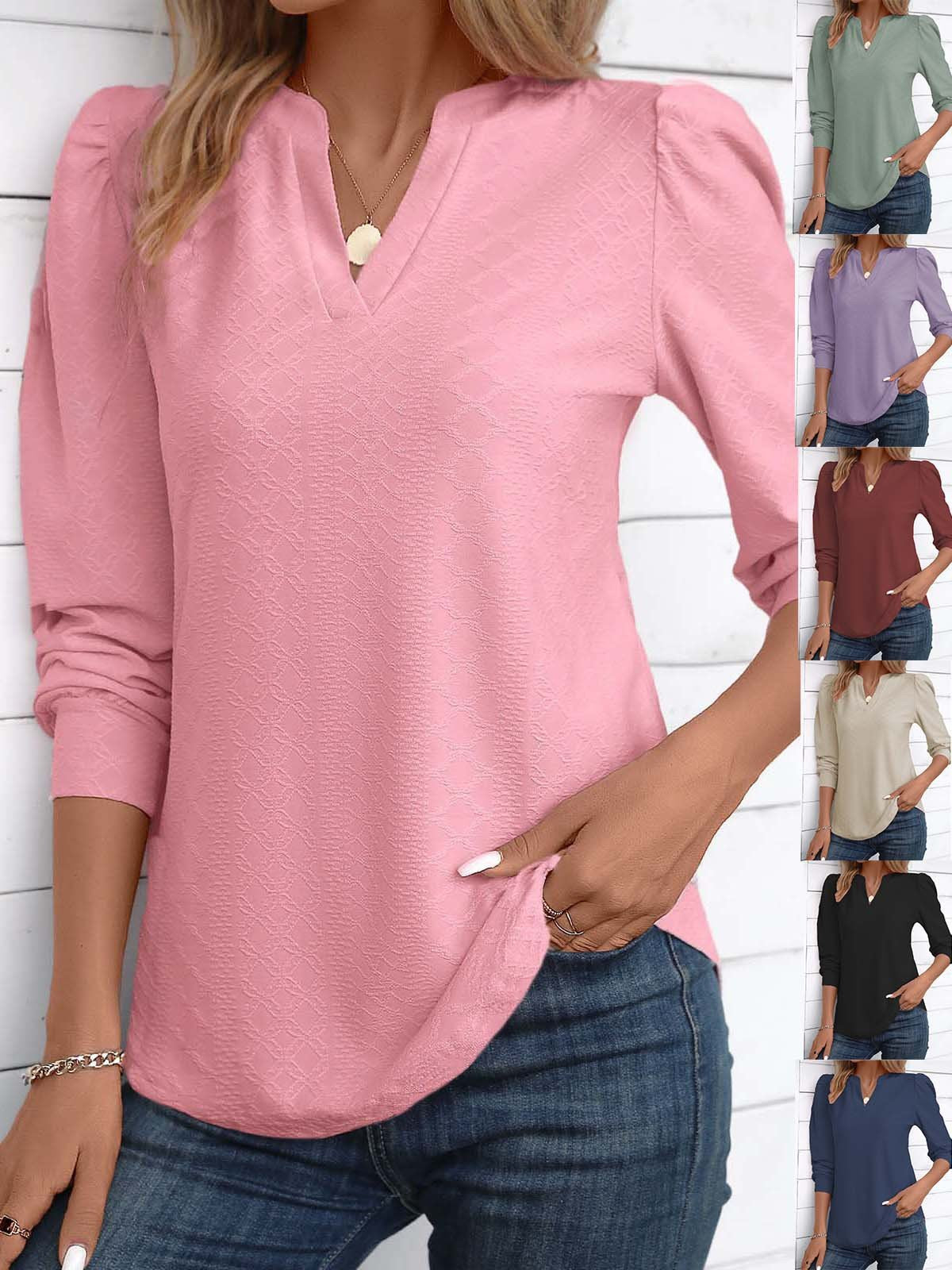 Loose Long Sleeve Notched Plain Casual Regular Blouse