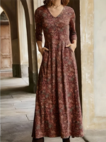 Casual Long Sleeve V Neck Floral Maxi Dress