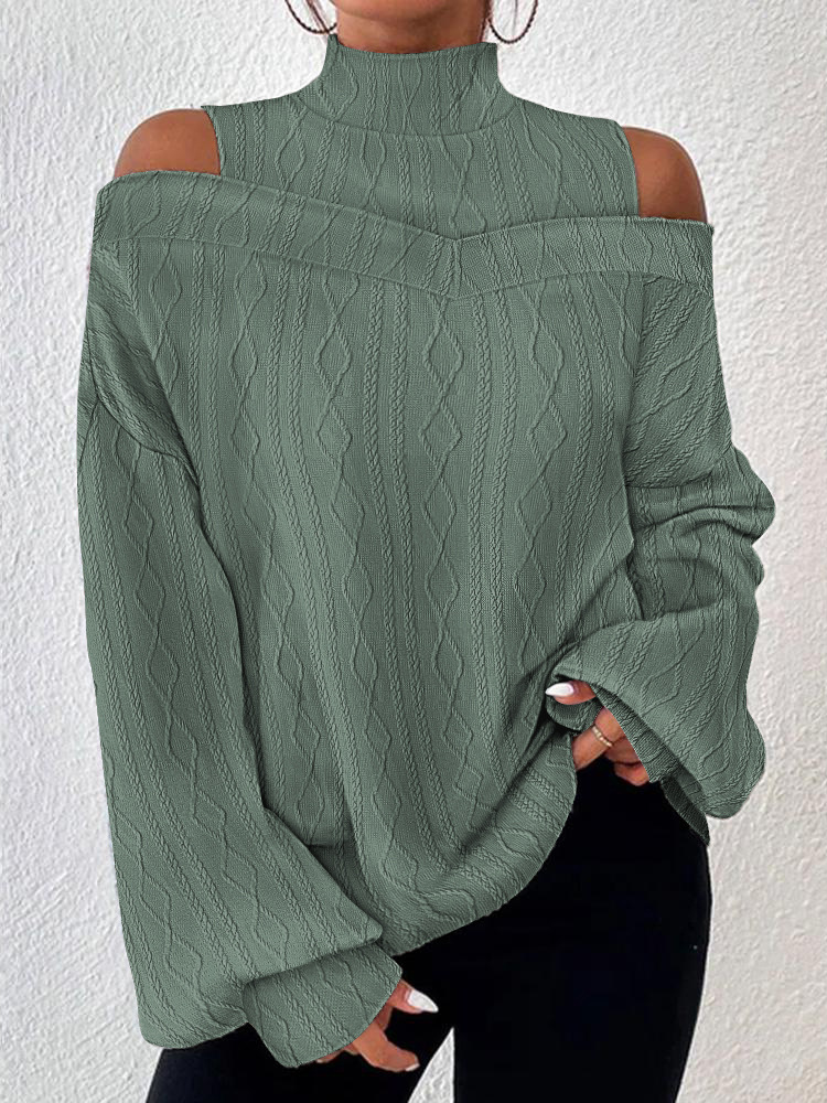 Casual Long Sleeve Turtleneck Plain Loose Regular Blouse