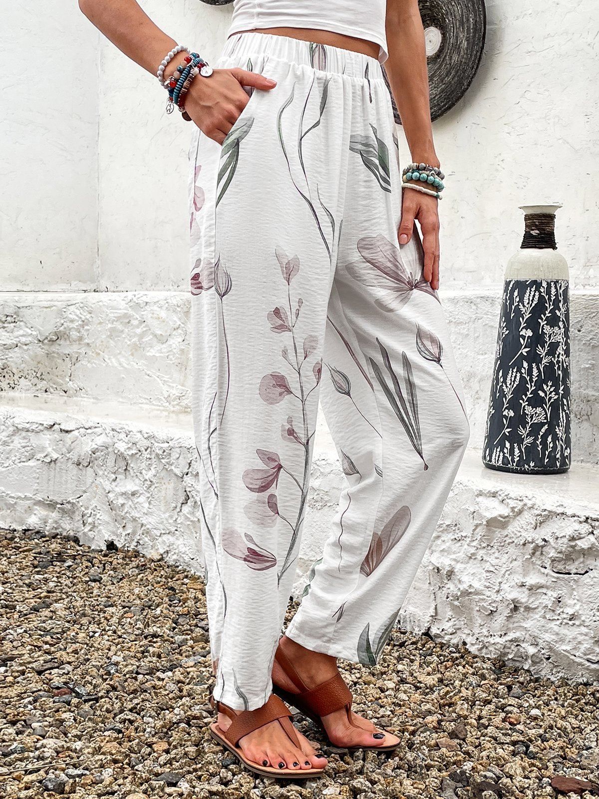 Casual Floral Pocket Stitching Loose Long Pants