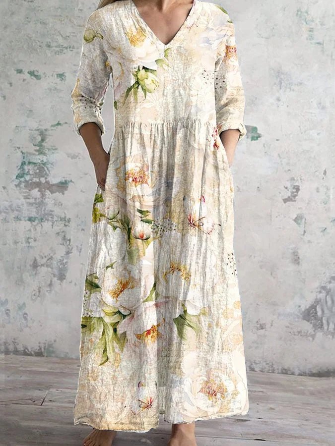Vintage Long Sleeve V Neck 3D Printing Maxi Dress