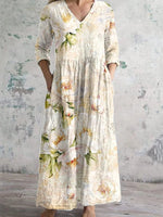 Vintage Long Sleeve V Neck 3D Printing Maxi Dress