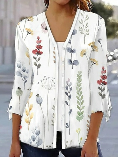 Loose V Neck Long Sleeve Floral Casual Regular Jacket