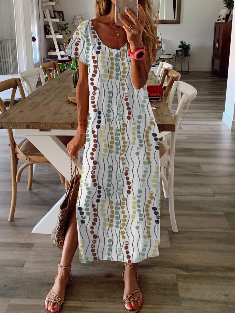 Casual Short Sleeve Crew Neck Striped Slit Loose Maxi Dress