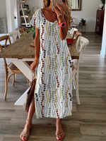 Casual Short Sleeve Crew Neck Striped Slit Loose Maxi Dress