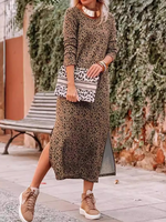 Casual Long Sleeve Crew Neck Leopard Maxi Dress