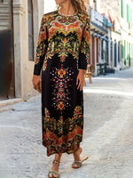 Casual Long Sleeve Geometric Floral Maxi Dress