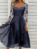 Casual Long Sleeve V Neck Plaid Lace Maxi Dress