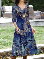 Casual Long Sleeve V Neck Ethnic Floral Maxi Dress