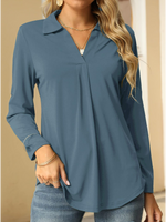 Casual Long Sleeve Shirt Collar Plain Loose Regular Blouse