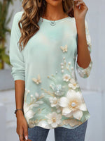 Loose Long Sleeve Crew Neck Floral Casual Regular Blouse