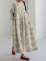 Vintage Half Sleeve Crew Neck 3D Printing Loose Maxi Dress