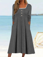 Casual Long Sleeve Square Neck Plain Maxi Dress