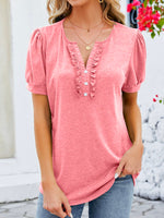 Loose Short Sleeve Notched Plain Casual Regular Blouse