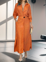 Casual Long Sleeve Shawl Collar Plain Maxi Dress