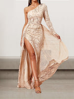 Sexy Long Sleeve Asymmetrical Plain Tight Maxi Dress