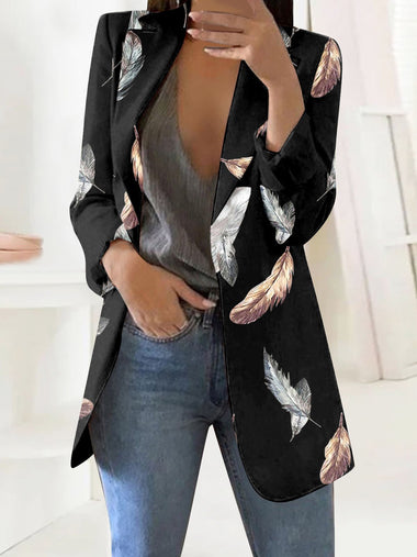 Loose Lapel Collar Long Sleeve Floral Casual Mid-Long Jacket