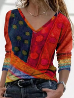 Loose Long Sleeve V Neck Abstract Casual Regular Blouse