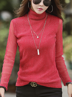 Casual Long Sleeve Turtleneck Plain Loose Regular Blouse