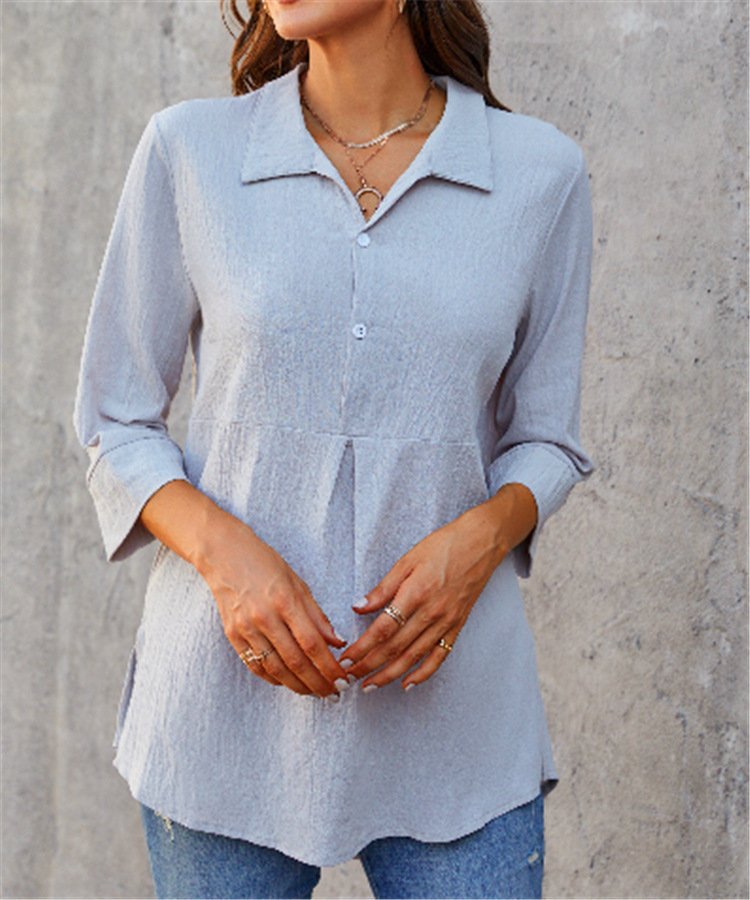 Casual Long Sleeve Shawl Collar Plain Loose Regular Blouse