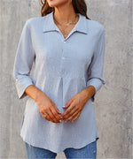 Casual Long Sleeve Shawl Collar Plain Loose Regular Blouse