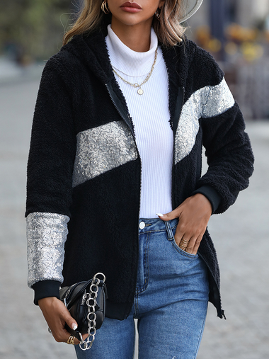 Loose Hoodie Long Sleeve Color Block Casual Regular Jacket