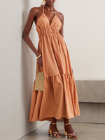 Elegant Gallus Spaghetti Plain Ruched Maxi Dress
