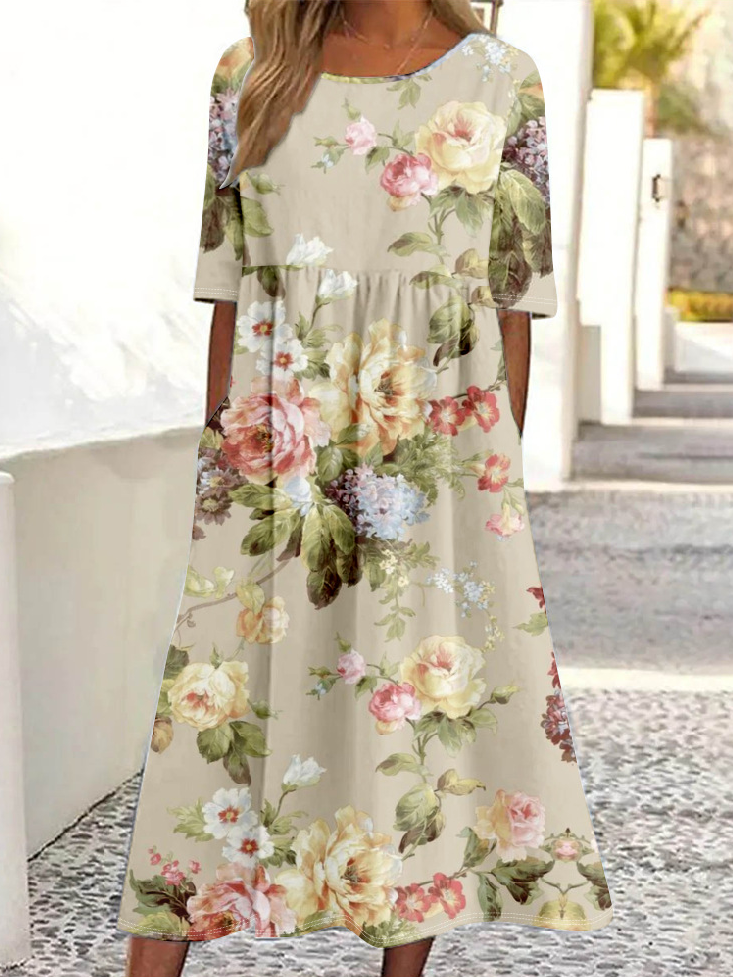 Vintage Half Sleeve Crew Neck 3D Printing Loose Maxi Dress
