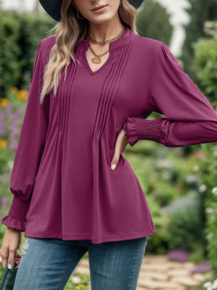 Casual Long Sleeve Notched Plain Loose Regular Blouse