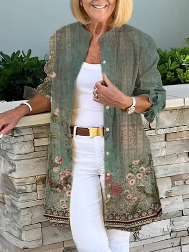 Loose Crew Neck Long Sleeve Floral Casual Regular Jacket
