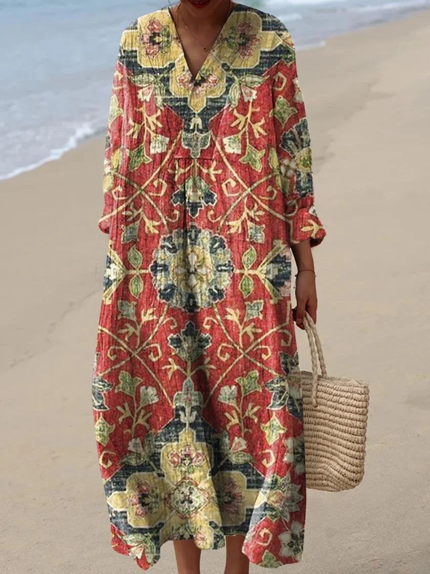 Boho Long Sleeve V Neck 3D Printing Loose Maxi Dress