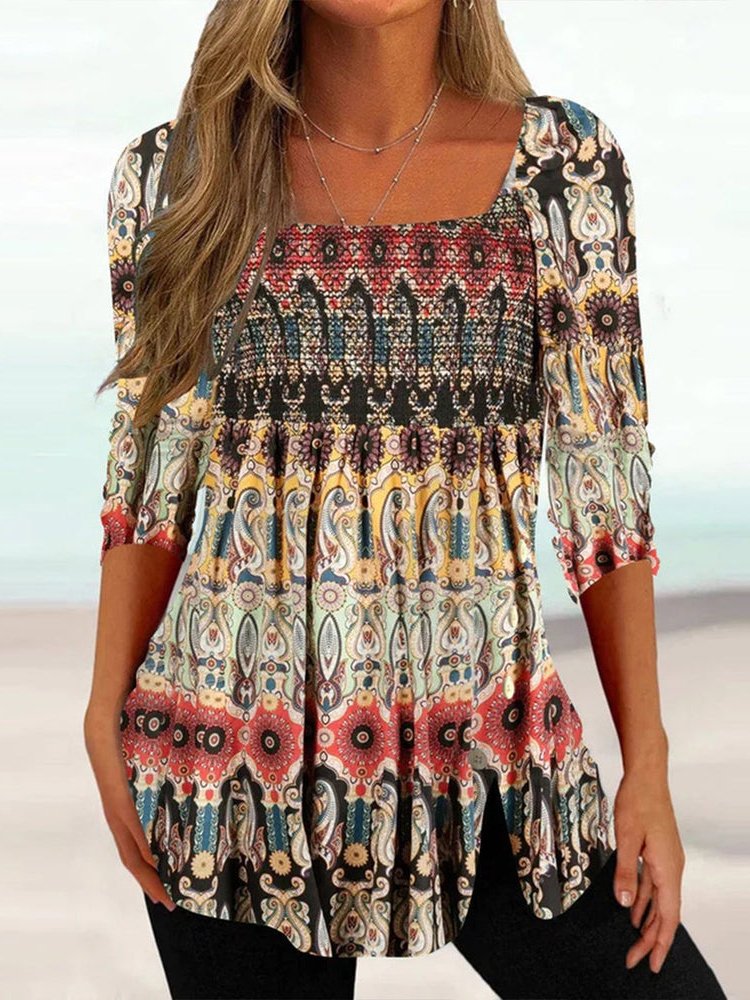 Three Quarter Sleeve Square Neck Ethnic Ethnic Regular Blouse