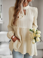 Casual Long Sleeve Notched Plain Loose Regular Blouse