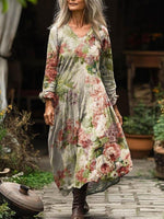 Ethnic Long Sleeve V Neck 3D Printing Maxi Dress