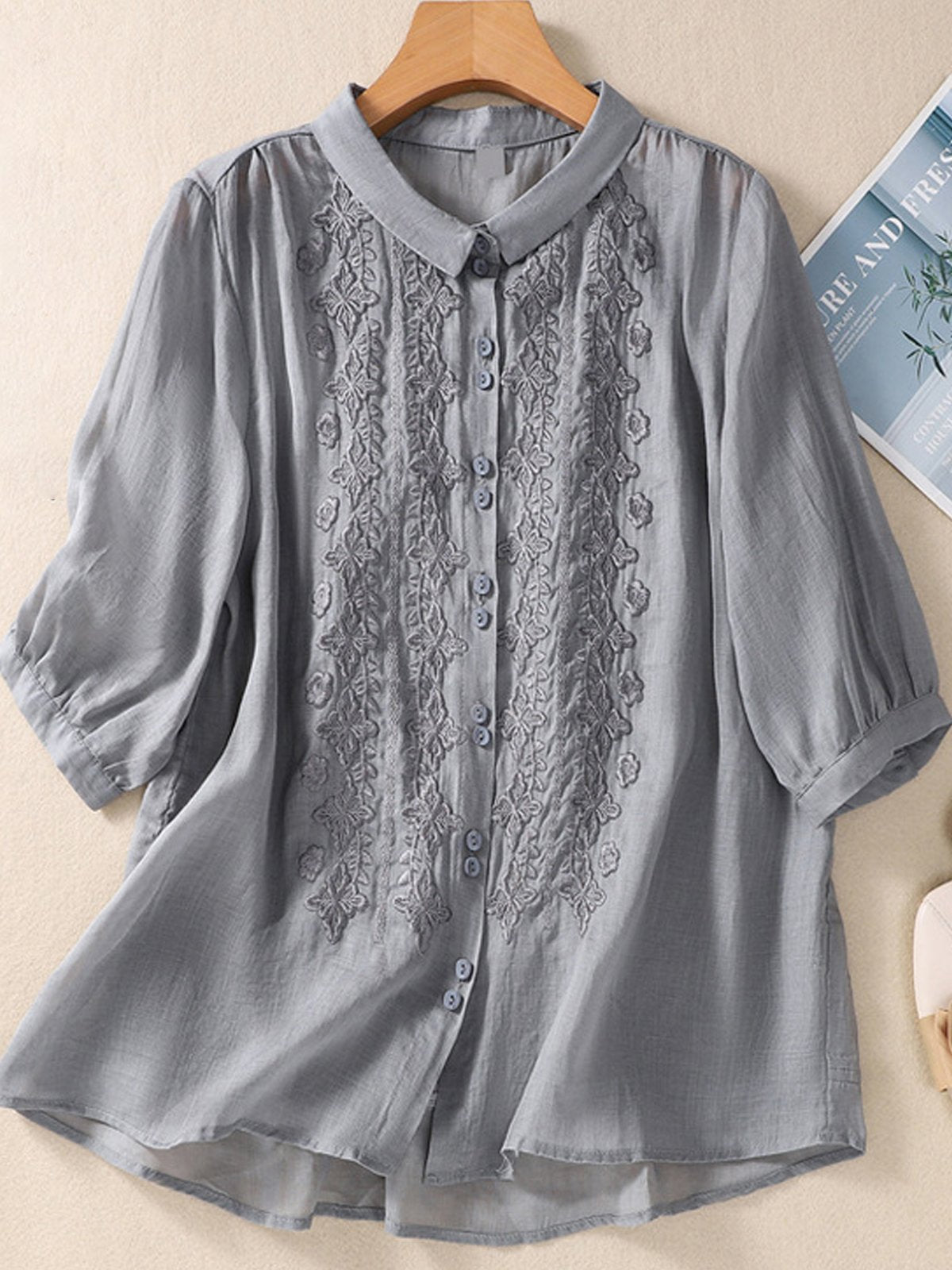 Casual Long Sleeve Shirt Collar Plain Loose Regular Blouse