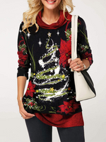 Casual Long Sleeve Shawl Collar Christmas Loose Regular Blouse