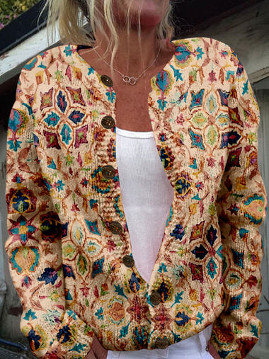 Loose Crew Neck Long Sleeve Floral Casual Regular Jacket