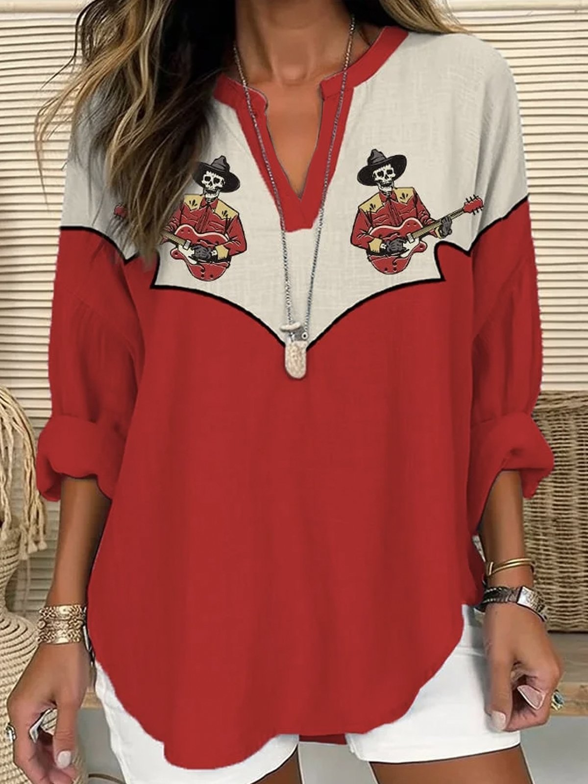 Casual Long Sleeve V Neck Color Block Loose Regular Blouse