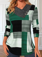 Casual Long Sleeve V Neck Plaid Loose Regular Blouse