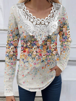 Loose Long Sleeve V Neck Floral Casual Regular Blouse